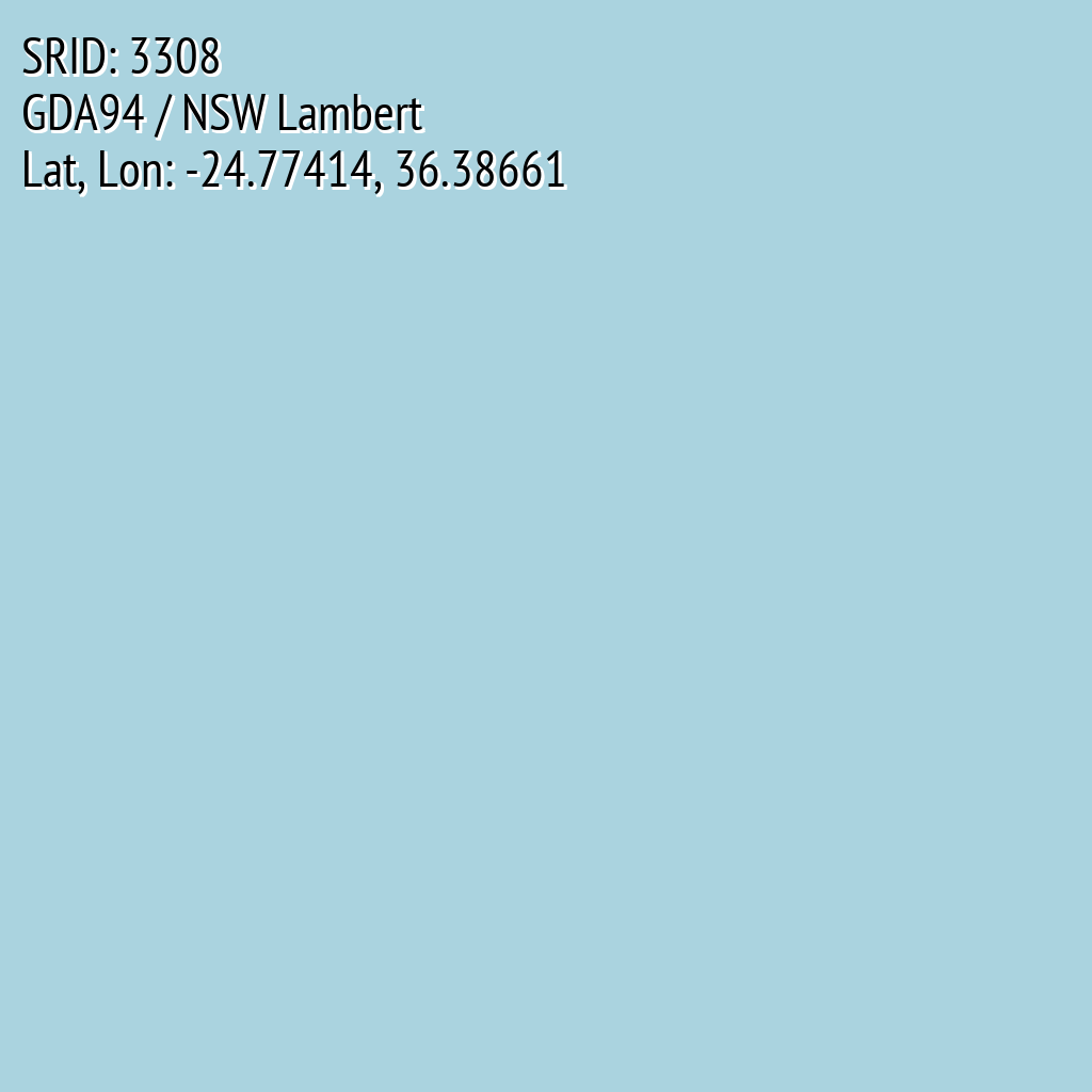 GDA94 / NSW Lambert (SRID: 3308, Lat, Lon: -24.77414, 36.38661)
