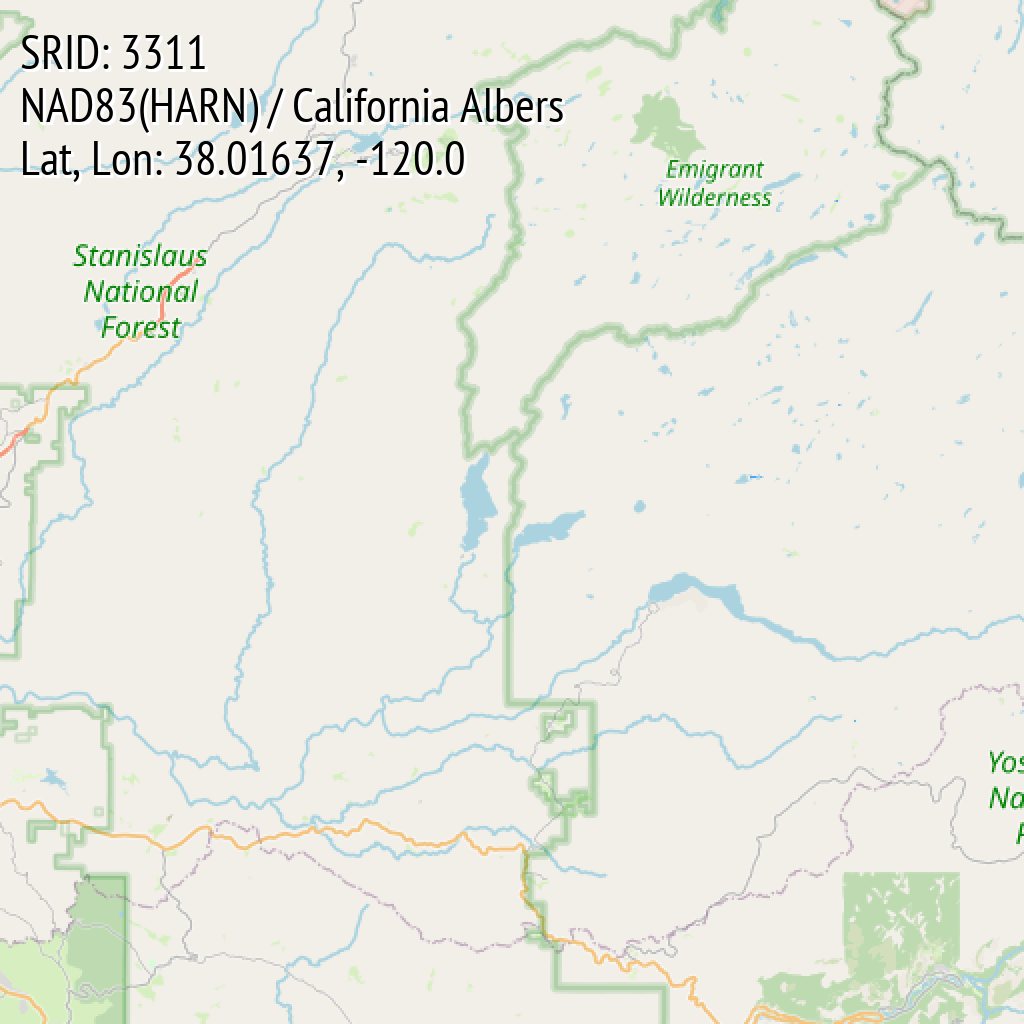 NAD83(HARN) / California Albers (SRID: 3311, Lat, Lon: 38.01637, -120.0)