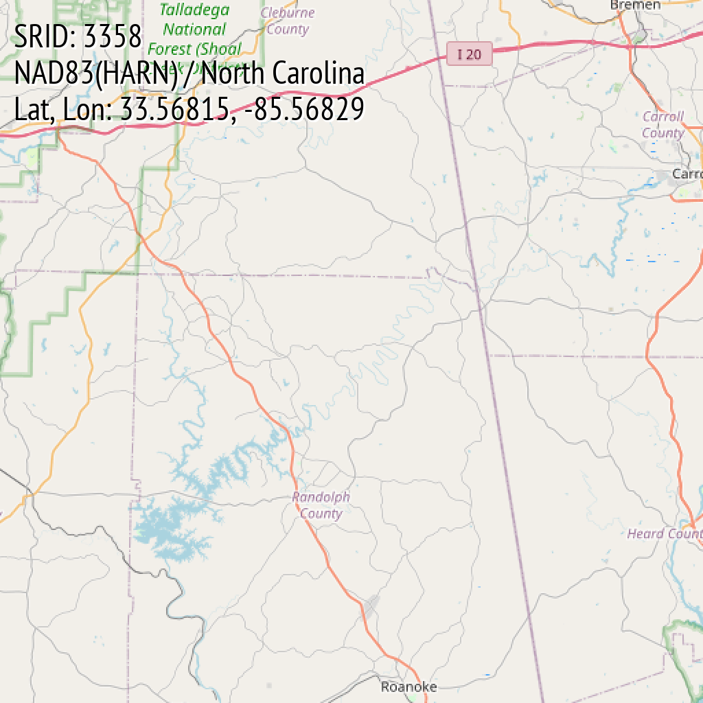 NAD83(HARN) / North Carolina (SRID: 3358, Lat, Lon: 33.56815, -85.56829)