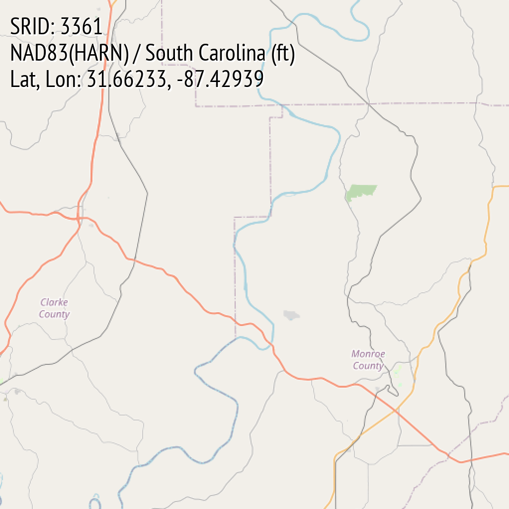 NAD83(HARN) / South Carolina (ft) (SRID: 3361, Lat, Lon: 31.66233, -87.42939)