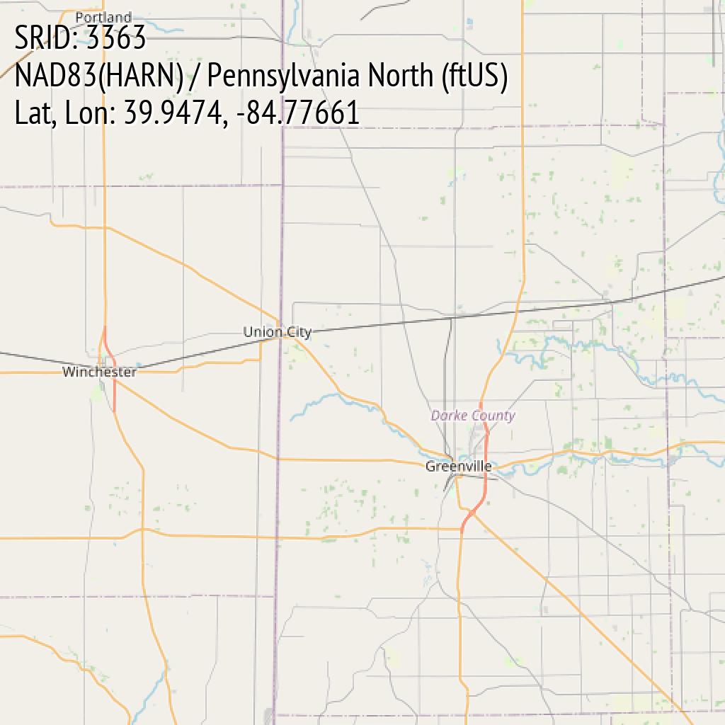 NAD83(HARN) / Pennsylvania North (ftUS) (SRID: 3363, Lat, Lon: 39.9474, -84.77661)