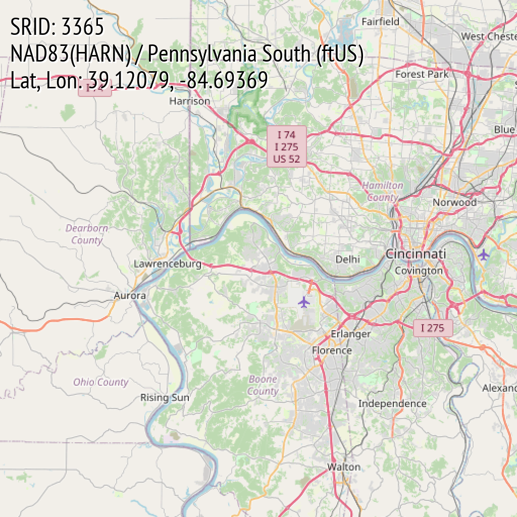 NAD83(HARN) / Pennsylvania South (ftUS) (SRID: 3365, Lat, Lon: 39.12079, -84.69369)