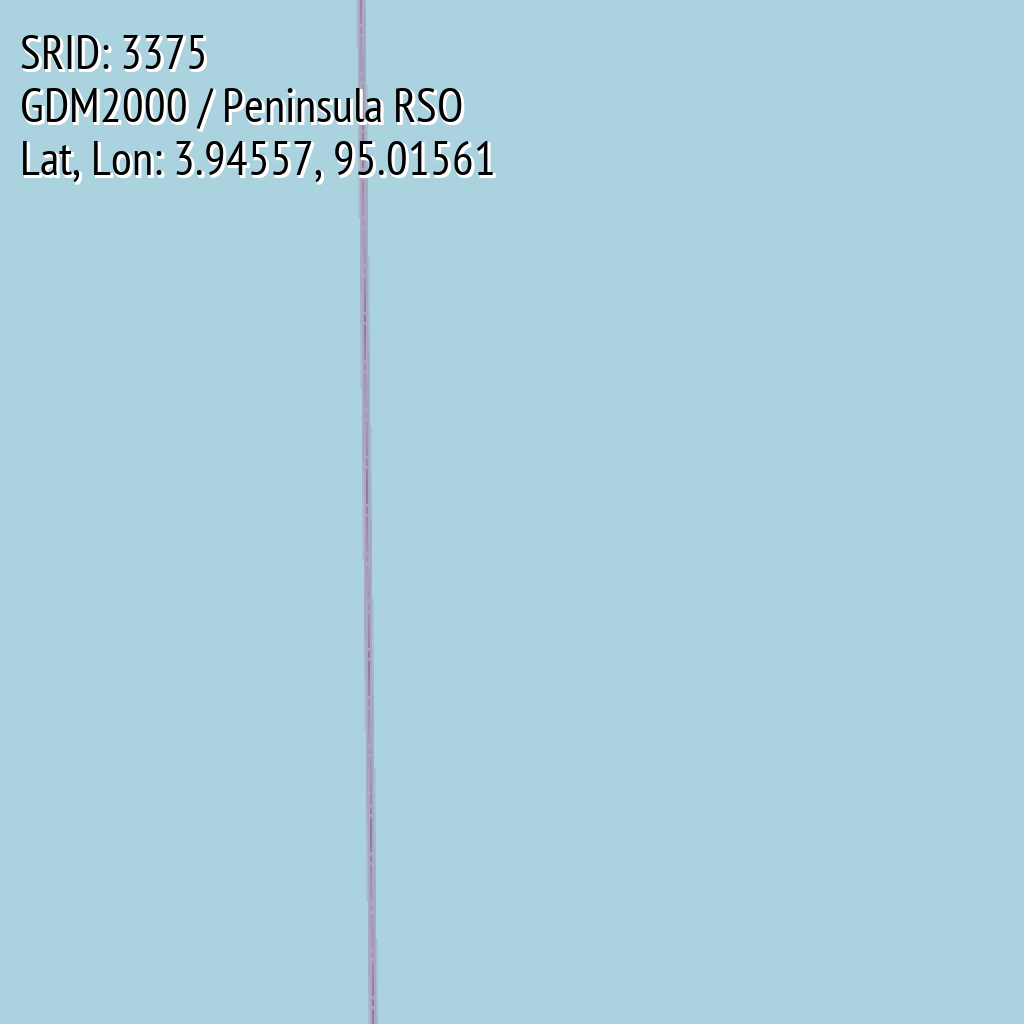 GDM2000 / Peninsula RSO (SRID: 3375, Lat, Lon: 3.94557, 95.01561)