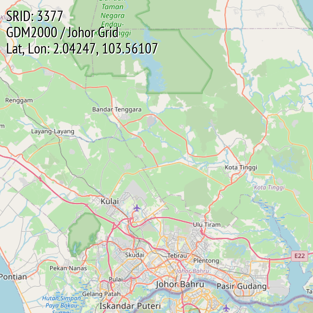 GDM2000 / Johor Grid (SRID: 3377, Lat, Lon: 2.04247, 103.56107)
