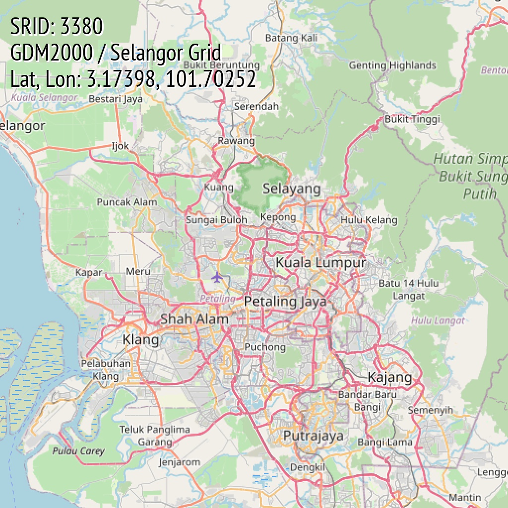 GDM2000 / Selangor Grid (SRID: 3380, Lat, Lon: 3.17398, 101.70252)
