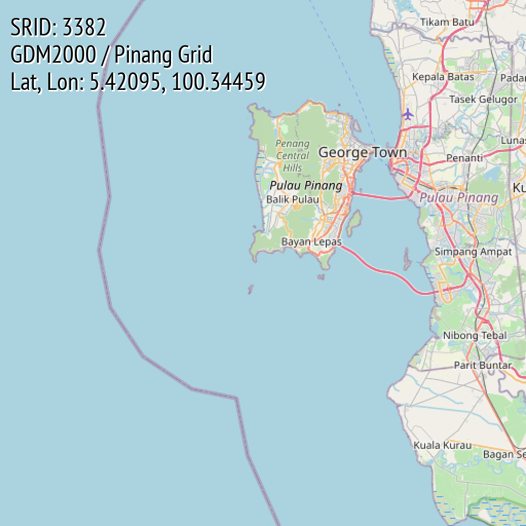 GDM2000 / Pinang Grid (SRID: 3382, Lat, Lon: 5.42095, 100.34459)