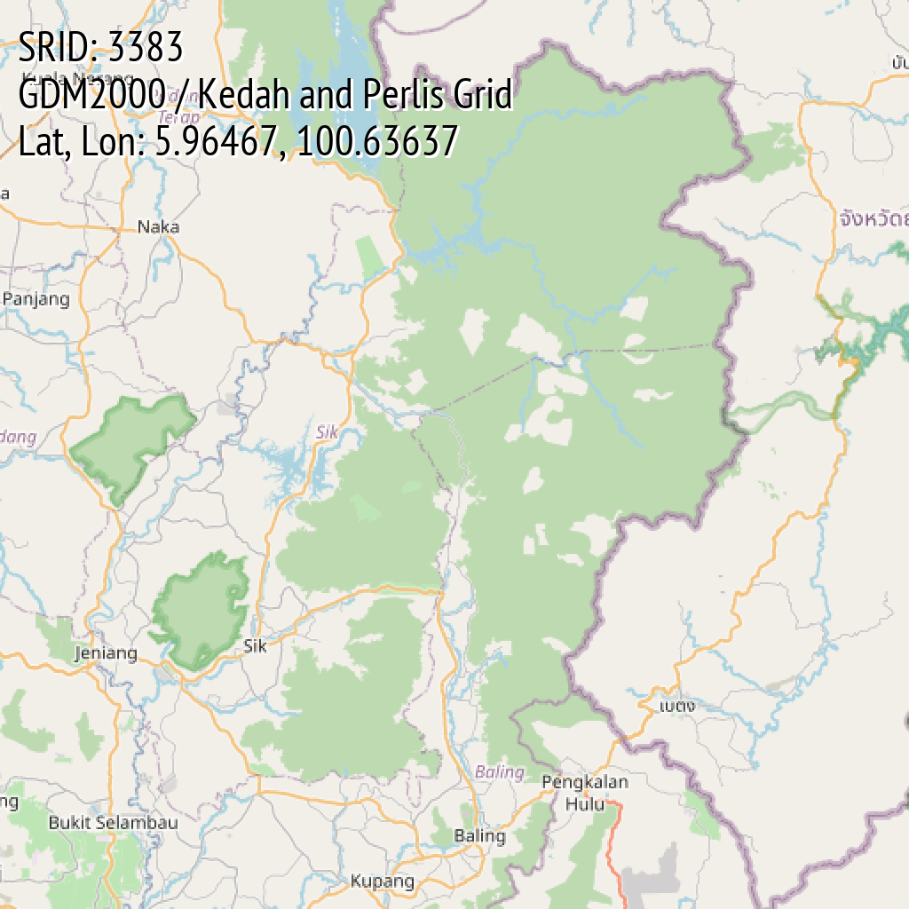 GDM2000 / Kedah and Perlis Grid (SRID: 3383, Lat, Lon: 5.96467, 100.63637)