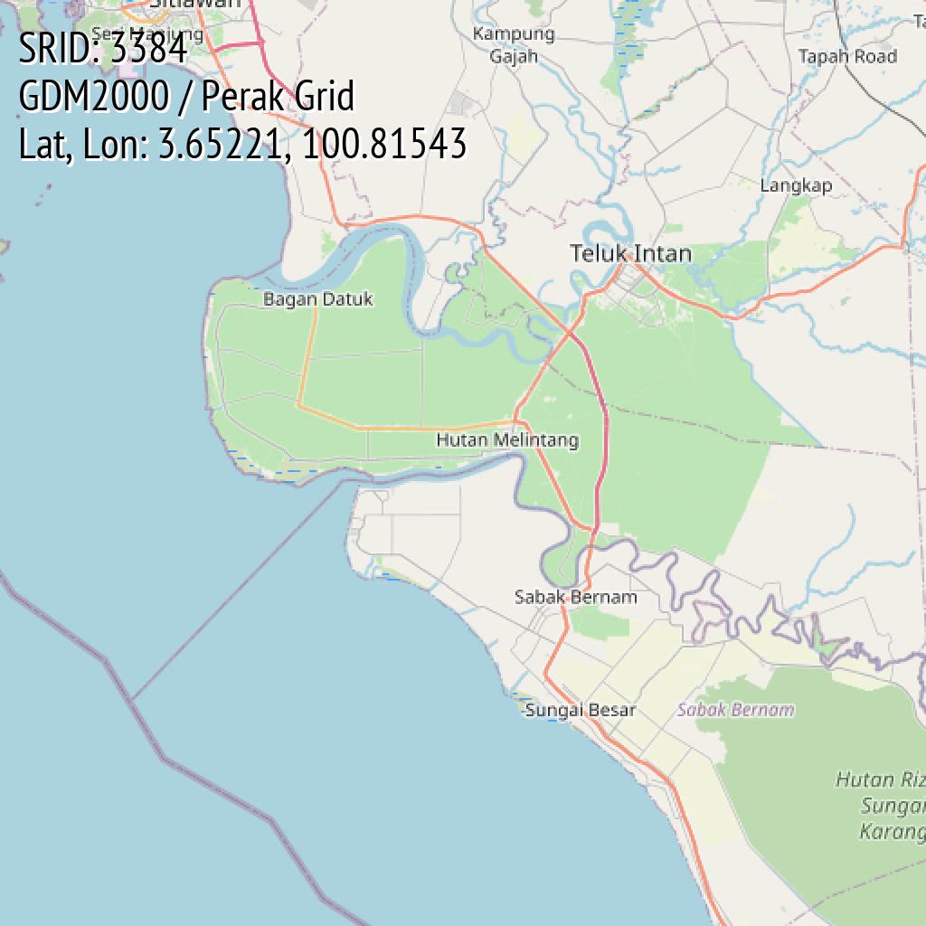 GDM2000 / Perak Grid (SRID: 3384, Lat, Lon: 3.65221, 100.81543)