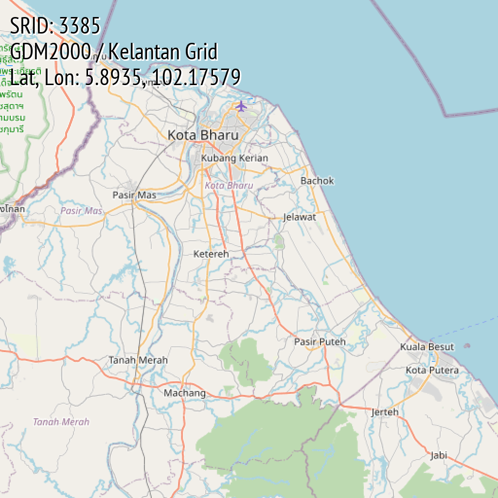 GDM2000 / Kelantan Grid (SRID: 3385, Lat, Lon: 5.8935, 102.17579)