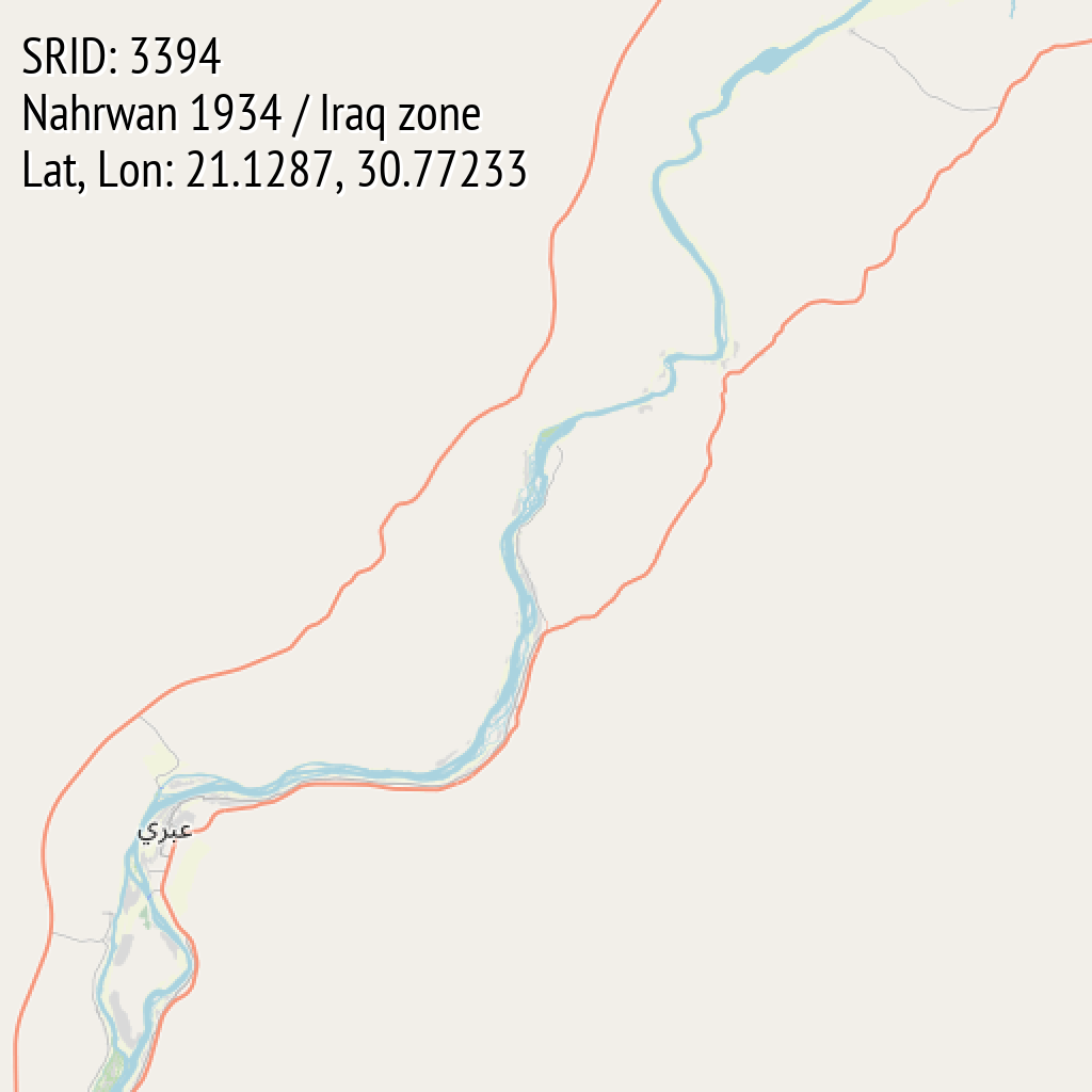 Nahrwan 1934 / Iraq zone (SRID: 3394, Lat, Lon: 21.1287, 30.77233)