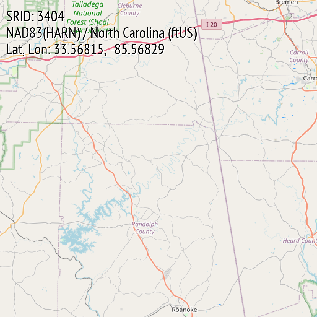NAD83(HARN) / North Carolina (ftUS) (SRID: 3404, Lat, Lon: 33.56815, -85.56829)