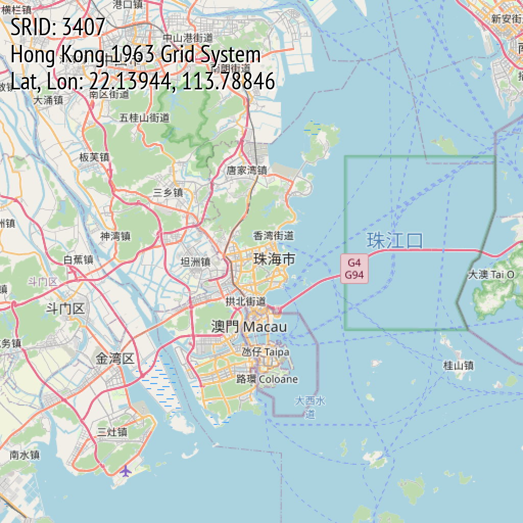 Hong Kong 1963 Grid System (SRID: 3407, Lat, Lon: 22.13944, 113.78846)