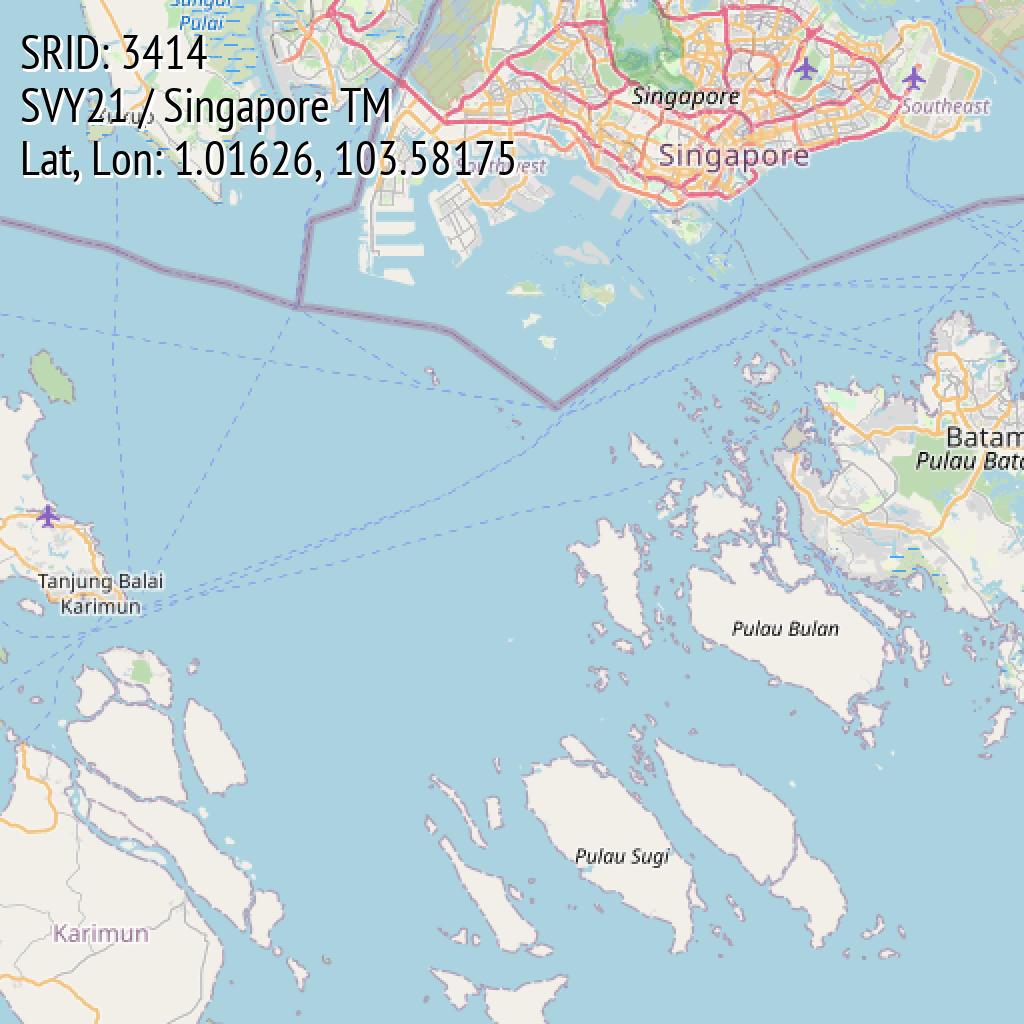 SVY21 / Singapore TM (SRID: 3414, Lat, Lon: 1.01626, 103.58175)