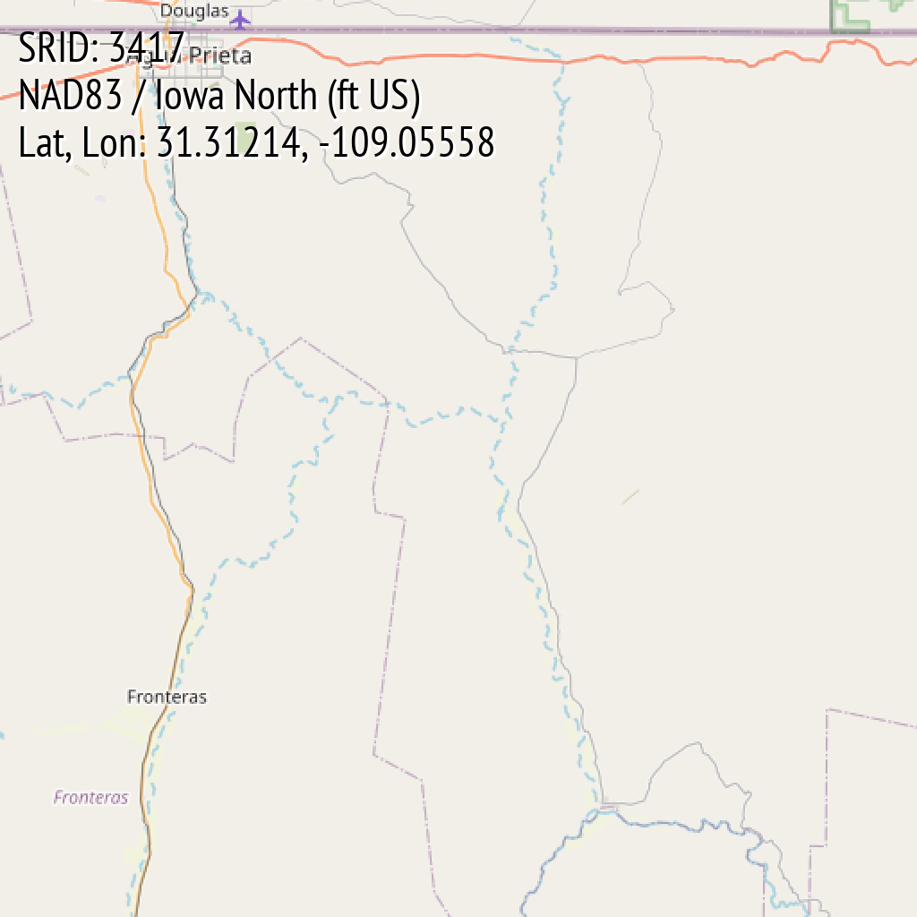 NAD83 / Iowa North (ft US) (SRID: 3417, Lat, Lon: 31.31214, -109.05558)