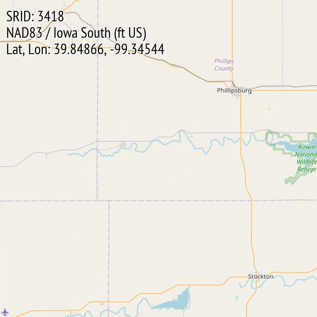 NAD83 / Iowa South (ft US) (SRID: 3418, Lat, Lon: 39.84866, -99.34544)