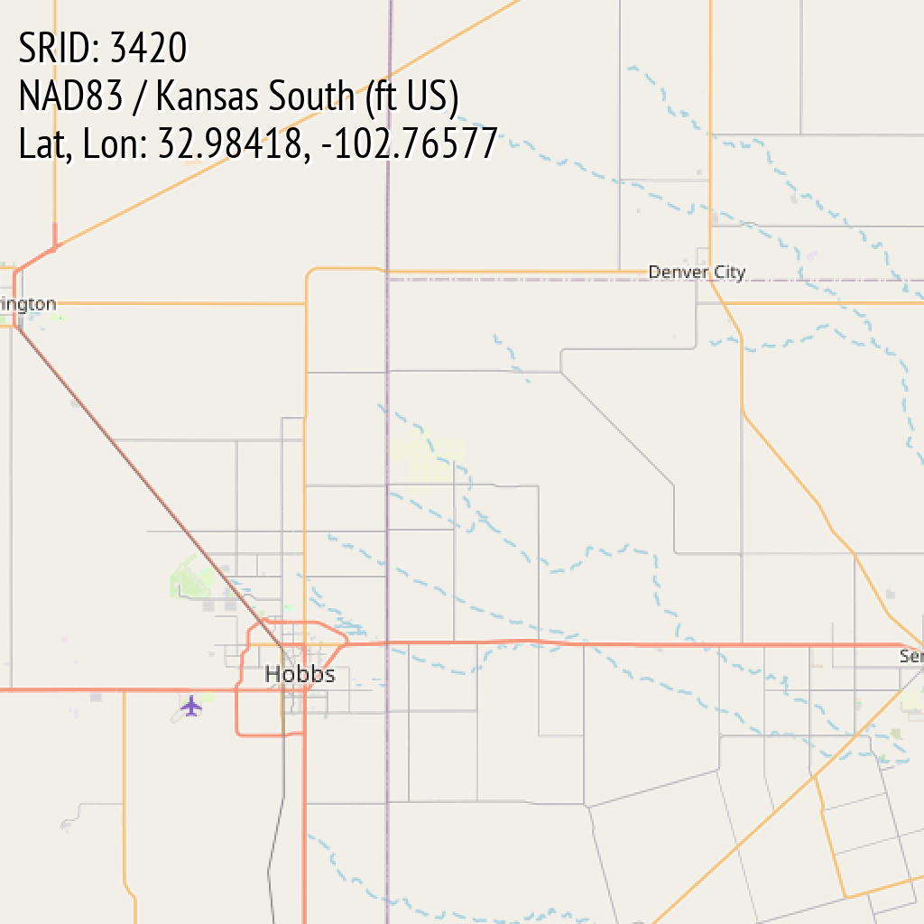 NAD83 / Kansas South (ft US) (SRID: 3420, Lat, Lon: 32.98418, -102.76577)