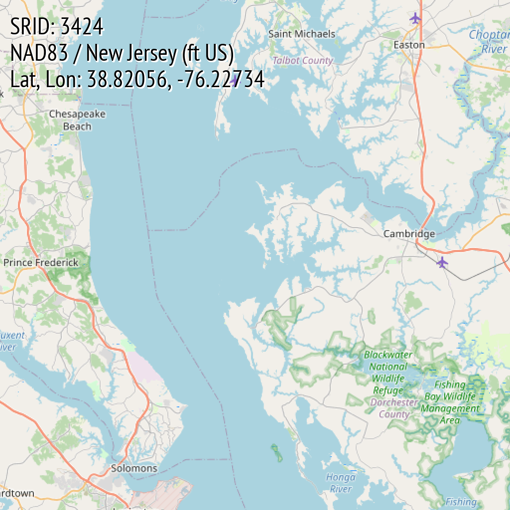 NAD83 / New Jersey (ft US) (SRID: 3424, Lat, Lon: 38.82056, -76.22734)