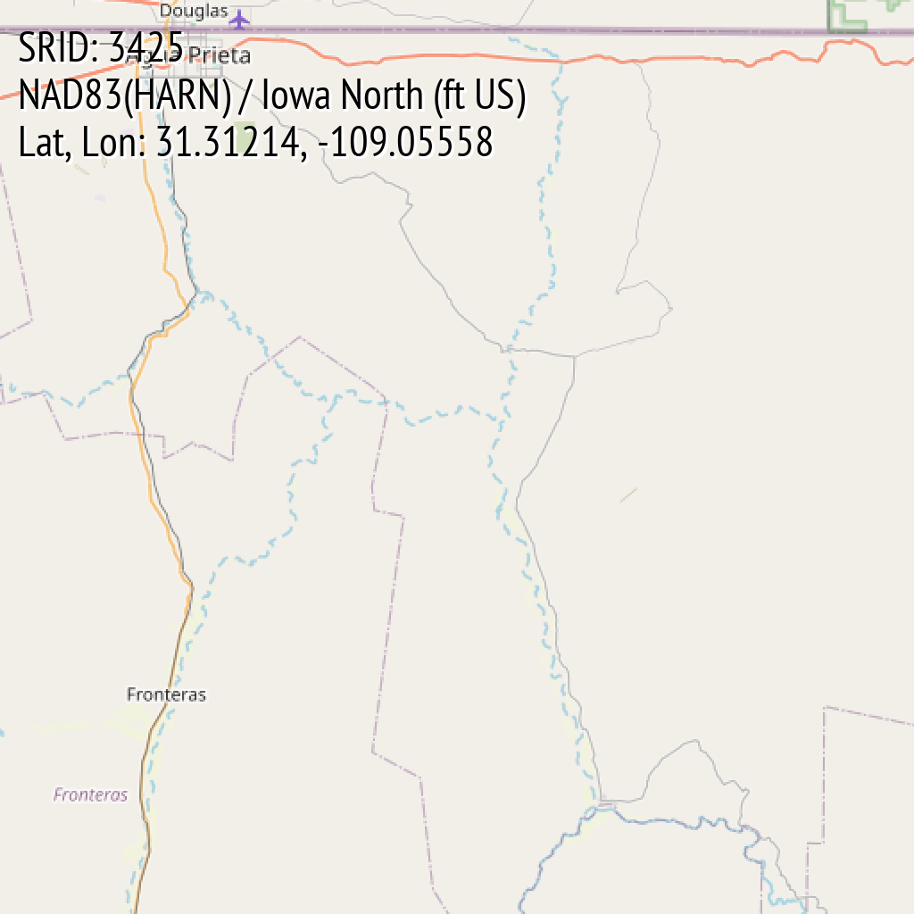 NAD83(HARN) / Iowa North (ft US) (SRID: 3425, Lat, Lon: 31.31214, -109.05558)