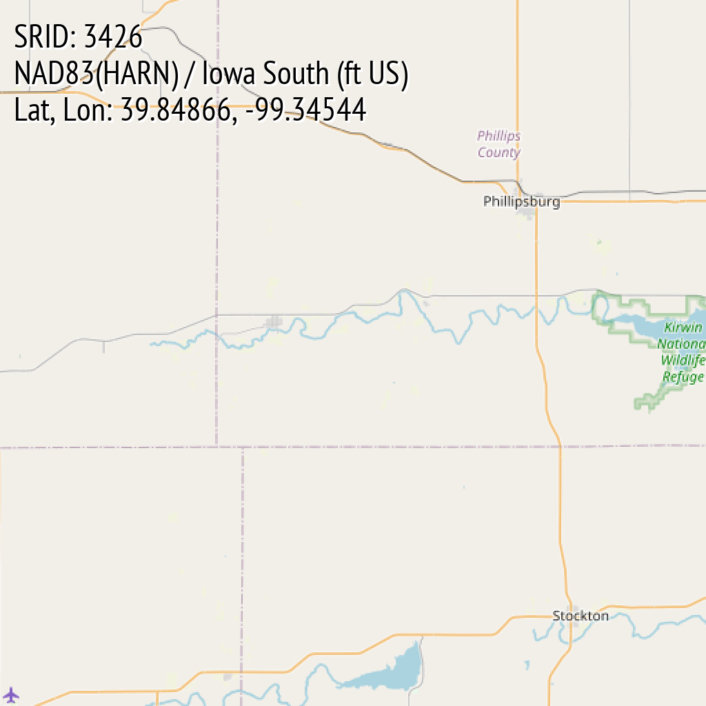 NAD83(HARN) / Iowa South (ft US) (SRID: 3426, Lat, Lon: 39.84866, -99.34544)