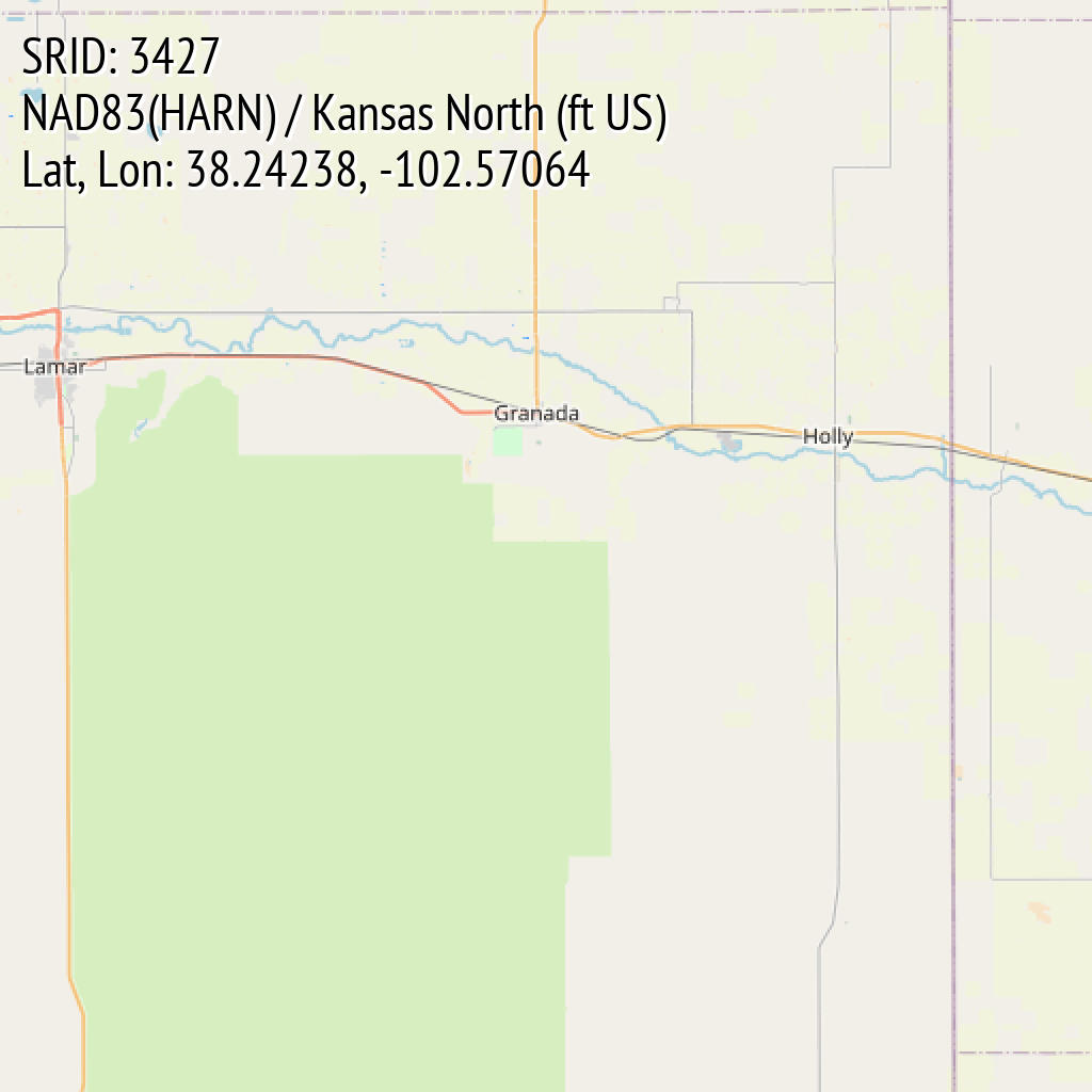 NAD83(HARN) / Kansas North (ft US) (SRID: 3427, Lat, Lon: 38.24238, -102.57064)