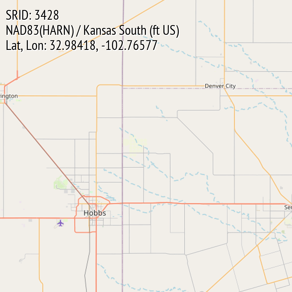 NAD83(HARN) / Kansas South (ft US) (SRID: 3428, Lat, Lon: 32.98418, -102.76577)