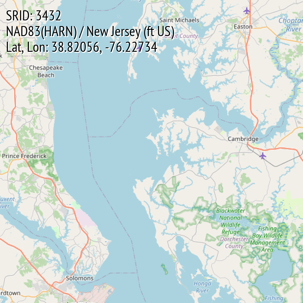 NAD83(HARN) / New Jersey (ft US) (SRID: 3432, Lat, Lon: 38.82056, -76.22734)