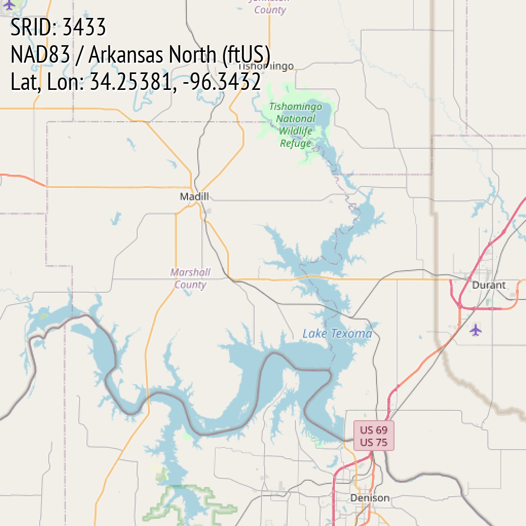NAD83 / Arkansas North (ftUS) (SRID: 3433, Lat, Lon: 34.25381, -96.3432)