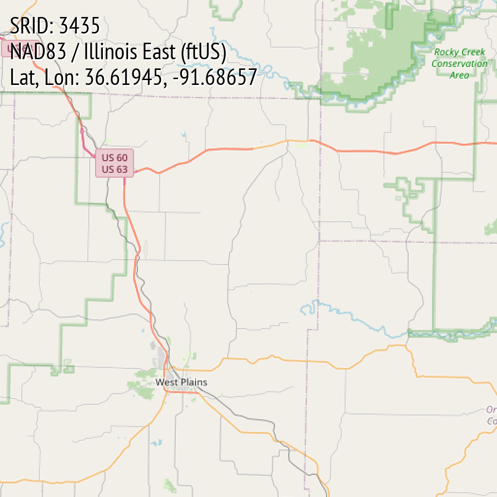 NAD83 / Illinois East (ftUS) (SRID: 3435, Lat, Lon: 36.61945, -91.68657)
