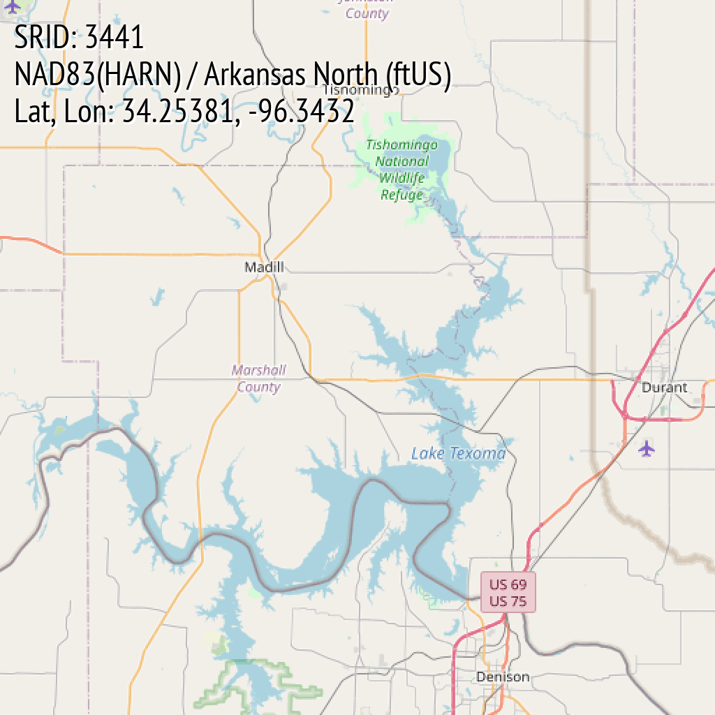 NAD83(HARN) / Arkansas North (ftUS) (SRID: 3441, Lat, Lon: 34.25381, -96.3432)