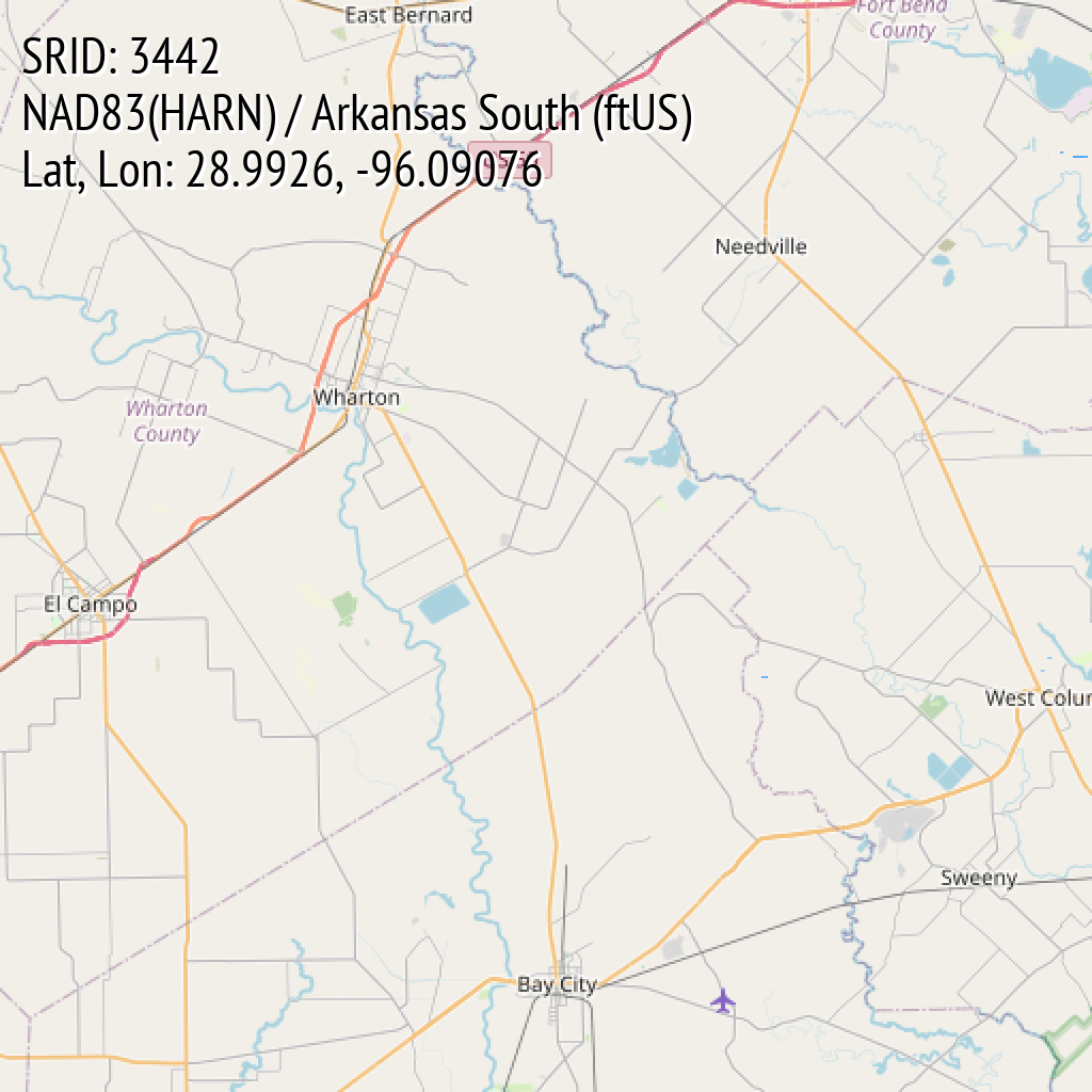 NAD83(HARN) / Arkansas South (ftUS) (SRID: 3442, Lat, Lon: 28.9926, -96.09076)
