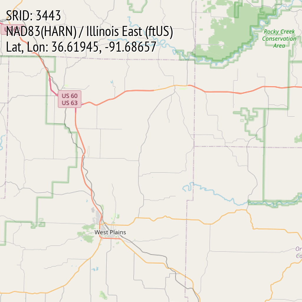 NAD83(HARN) / Illinois East (ftUS) (SRID: 3443, Lat, Lon: 36.61945, -91.68657)
