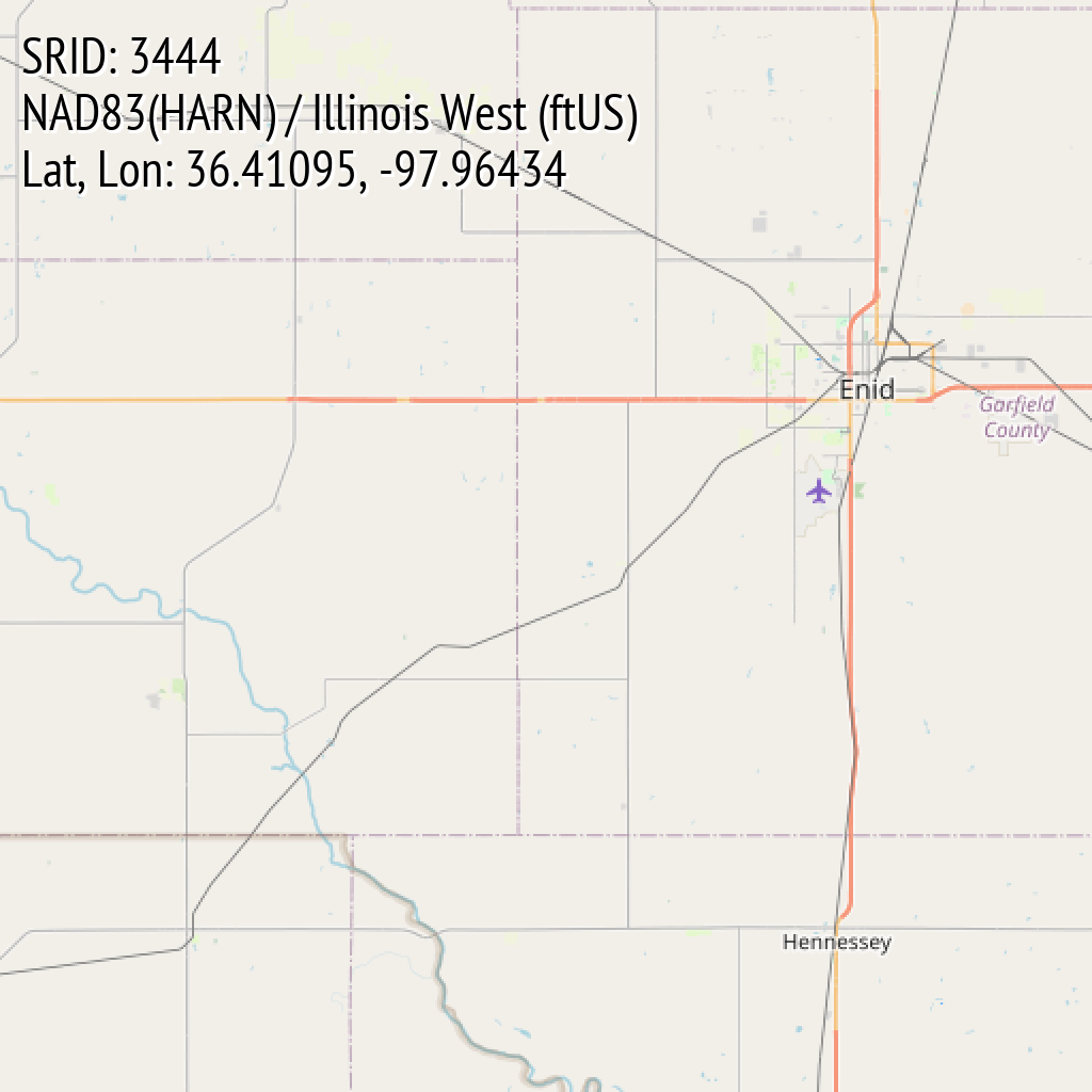 NAD83(HARN) / Illinois West (ftUS) (SRID: 3444, Lat, Lon: 36.41095, -97.96434)