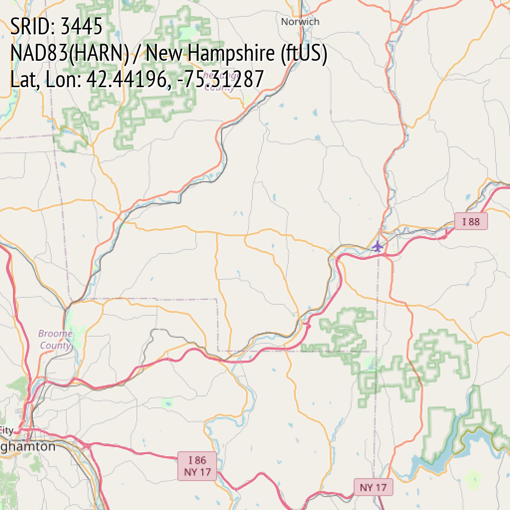 NAD83(HARN) / New Hampshire (ftUS) (SRID: 3445, Lat, Lon: 42.44196, -75.31287)