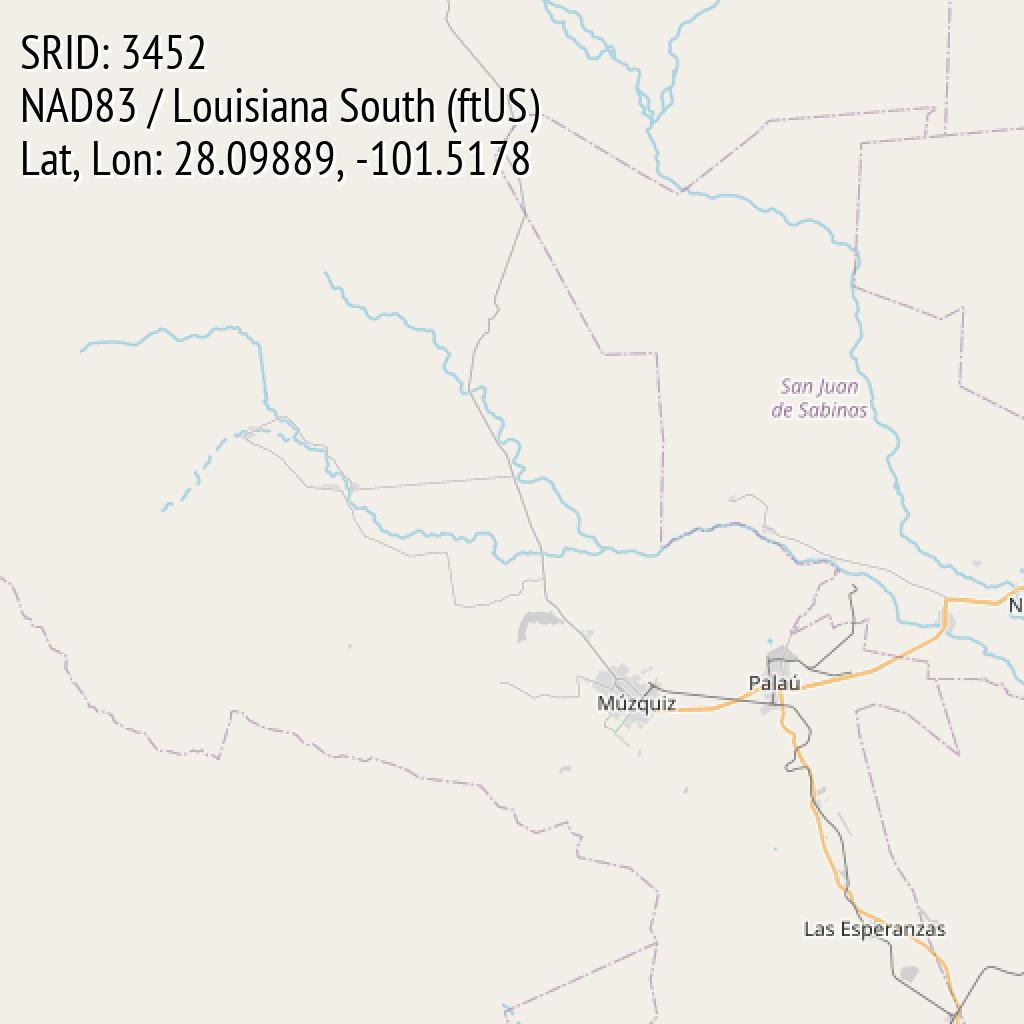 NAD83 / Louisiana South (ftUS) (SRID: 3452, Lat, Lon: 28.09889, -101.5178)