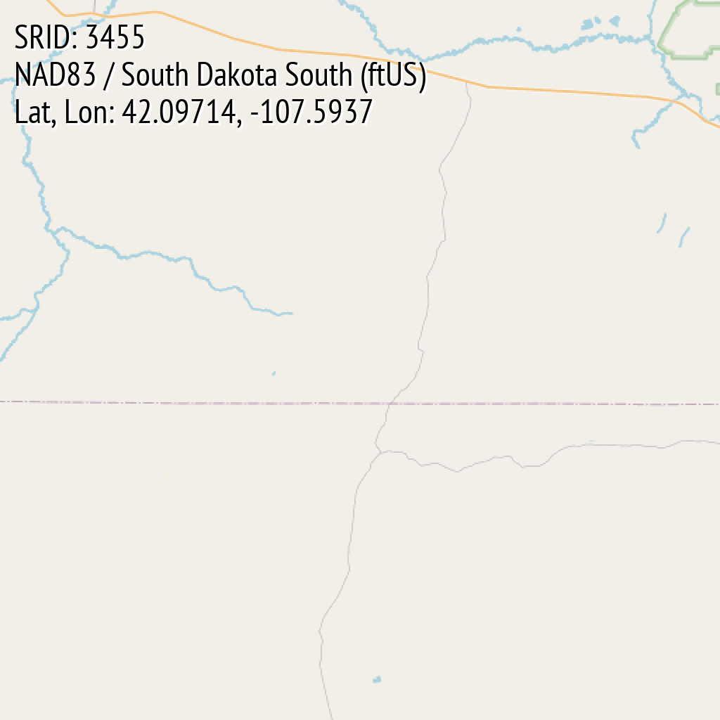NAD83 / South Dakota South (ftUS) (SRID: 3455, Lat, Lon: 42.09714, -107.5937)