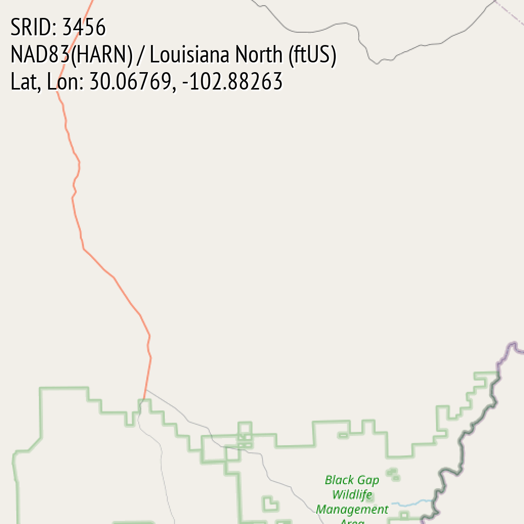NAD83(HARN) / Louisiana North (ftUS) (SRID: 3456, Lat, Lon: 30.06769, -102.88263)