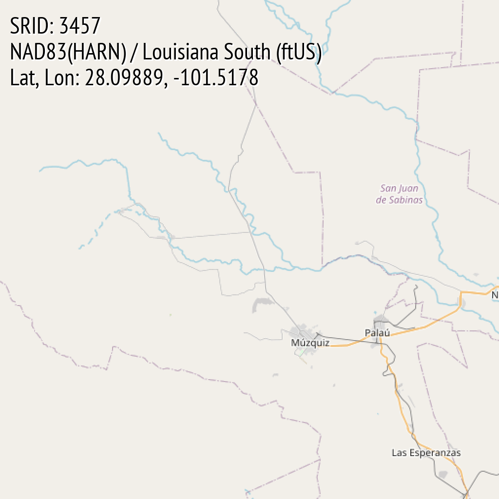 NAD83(HARN) / Louisiana South (ftUS) (SRID: 3457, Lat, Lon: 28.09889, -101.5178)