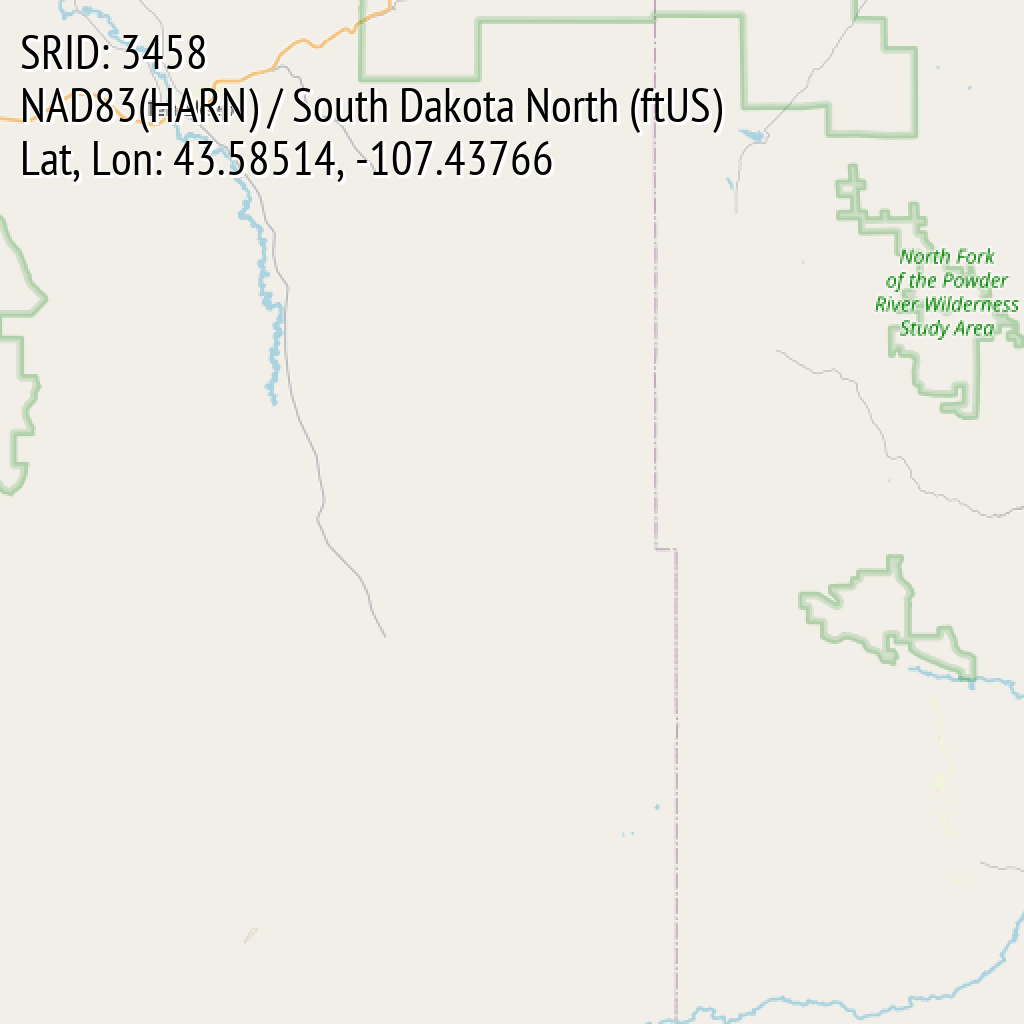 NAD83(HARN) / South Dakota North (ftUS) (SRID: 3458, Lat, Lon: 43.58514, -107.43766)