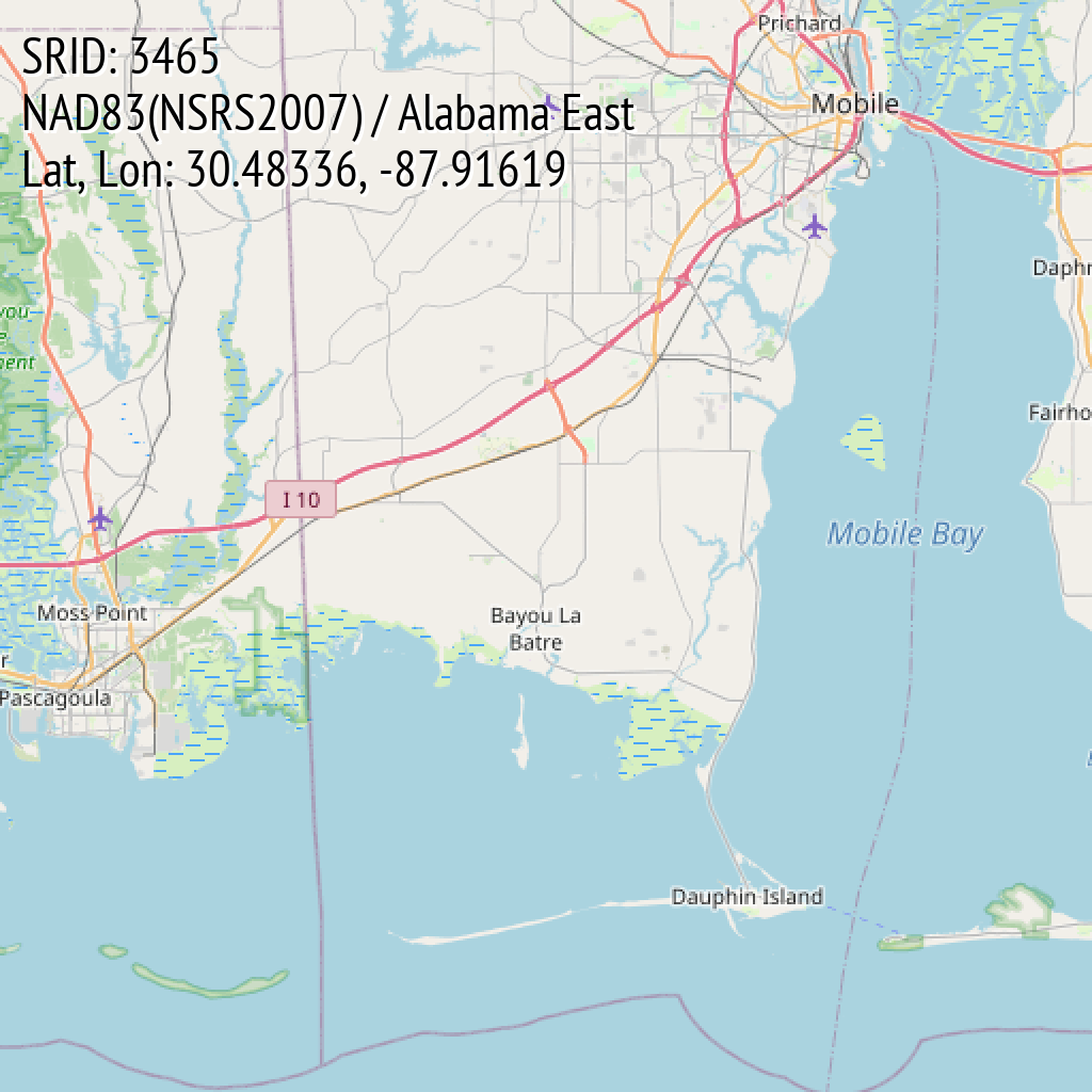 NAD83(NSRS2007) / Alabama East (SRID: 3465, Lat, Lon: 30.48336, -87.91619)