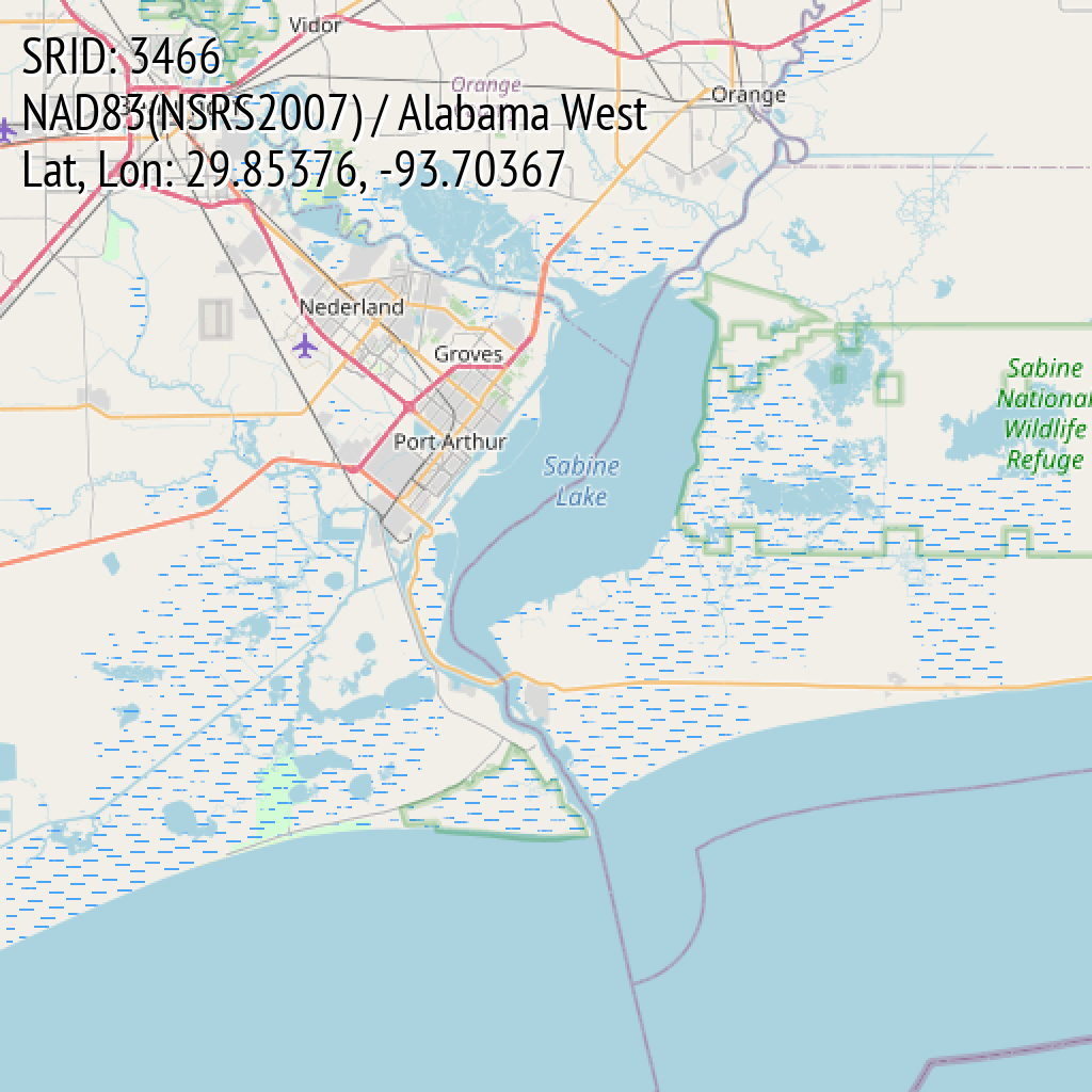 NAD83(NSRS2007) / Alabama West (SRID: 3466, Lat, Lon: 29.85376, -93.70367)
