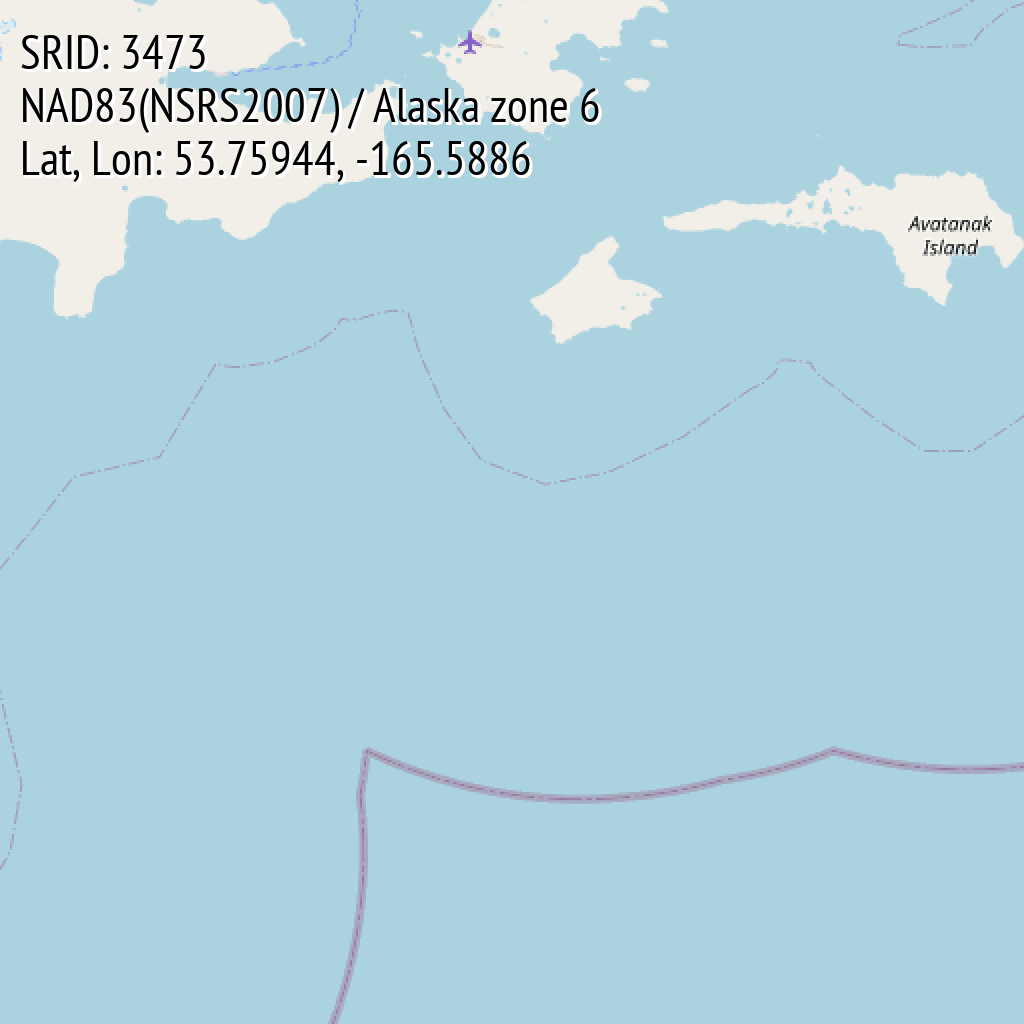 NAD83(NSRS2007) / Alaska zone 6 (SRID: 3473, Lat, Lon: 53.75944, -165.5886)