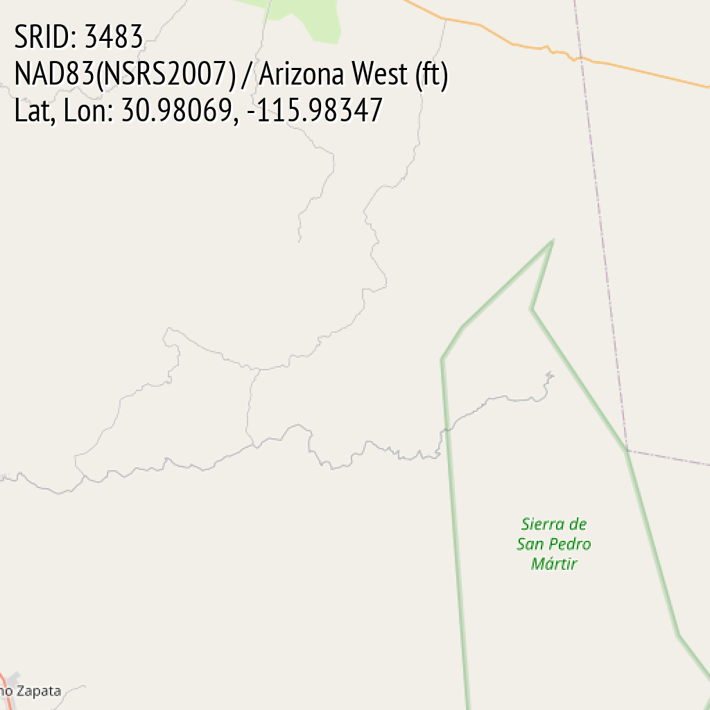 NAD83(NSRS2007) / Arizona West (ft) (SRID: 3483, Lat, Lon: 30.98069, -115.98347)
