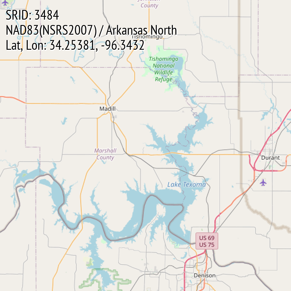 NAD83(NSRS2007) / Arkansas North (SRID: 3484, Lat, Lon: 34.25381, -96.3432)