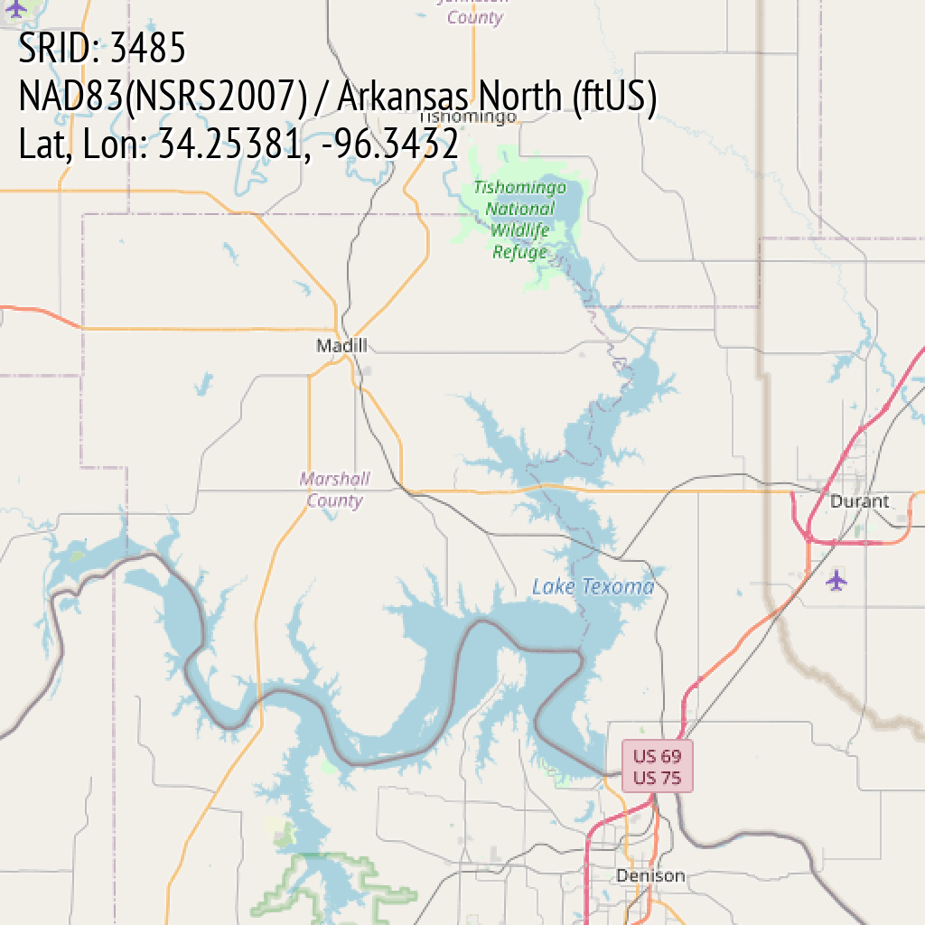 NAD83(NSRS2007) / Arkansas North (ftUS) (SRID: 3485, Lat, Lon: 34.25381, -96.3432)