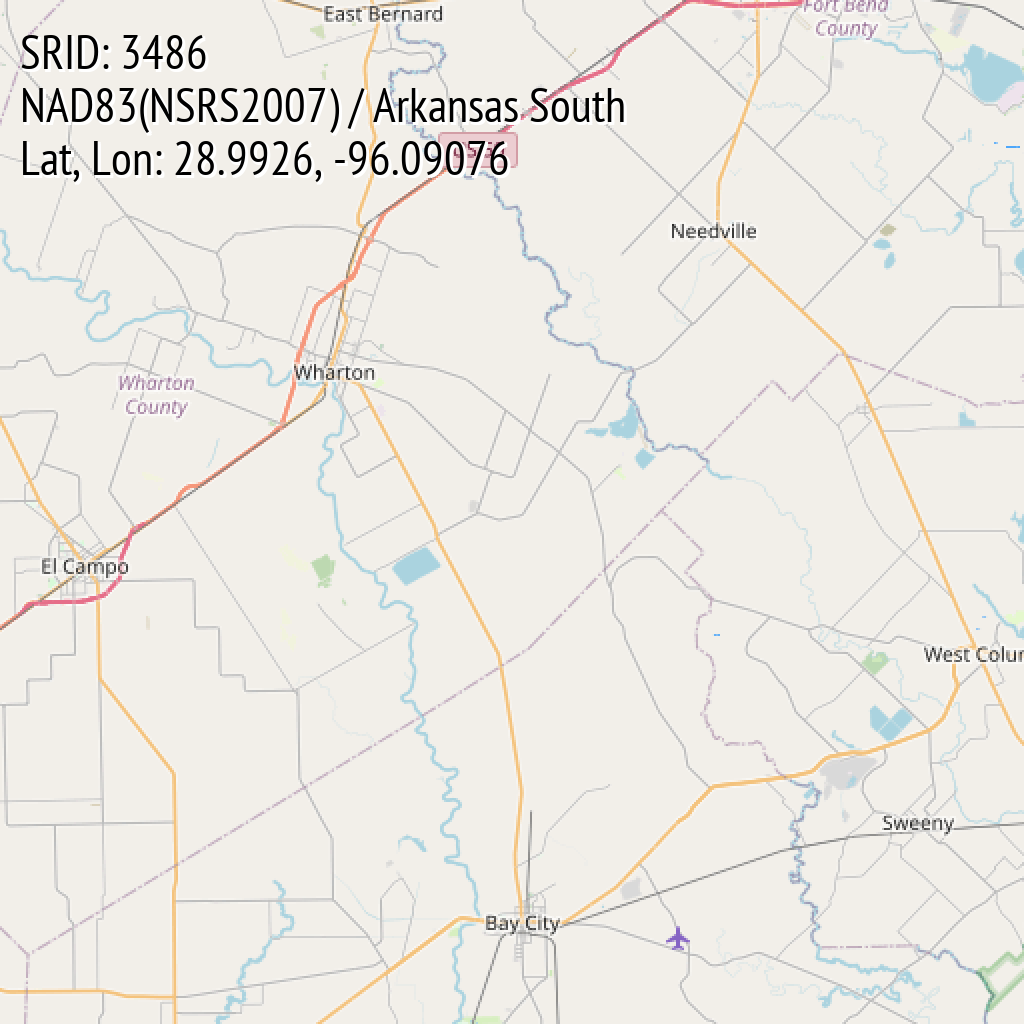 NAD83(NSRS2007) / Arkansas South (SRID: 3486, Lat, Lon: 28.9926, -96.09076)