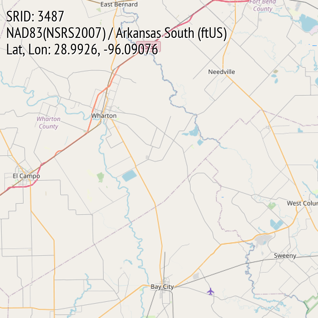 NAD83(NSRS2007) / Arkansas South (ftUS) (SRID: 3487, Lat, Lon: 28.9926, -96.09076)