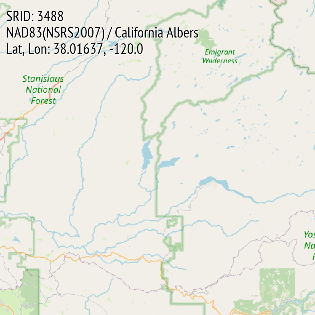 NAD83(NSRS2007) / California Albers (SRID: 3488, Lat, Lon: 38.01637, -120.0)