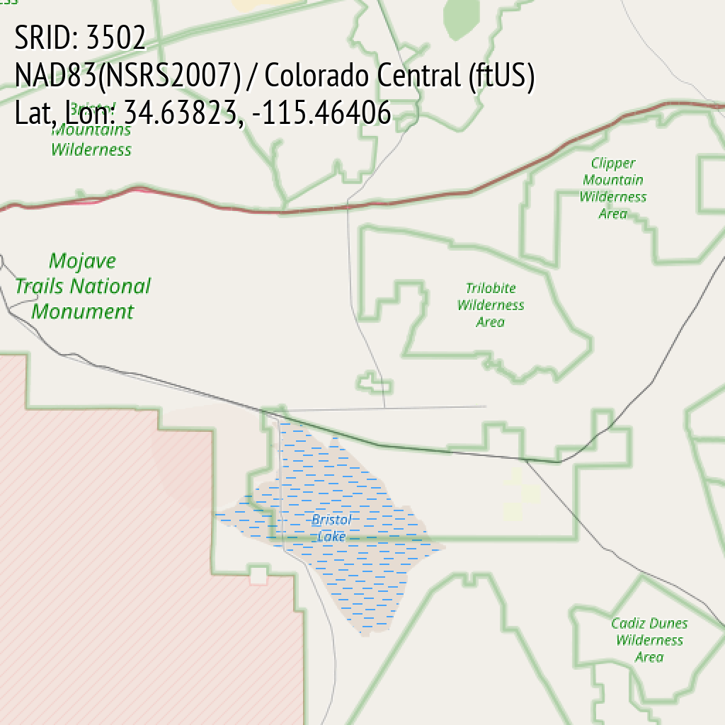 NAD83(NSRS2007) / Colorado Central (ftUS) (SRID: 3502, Lat, Lon: 34.63823, -115.46406)