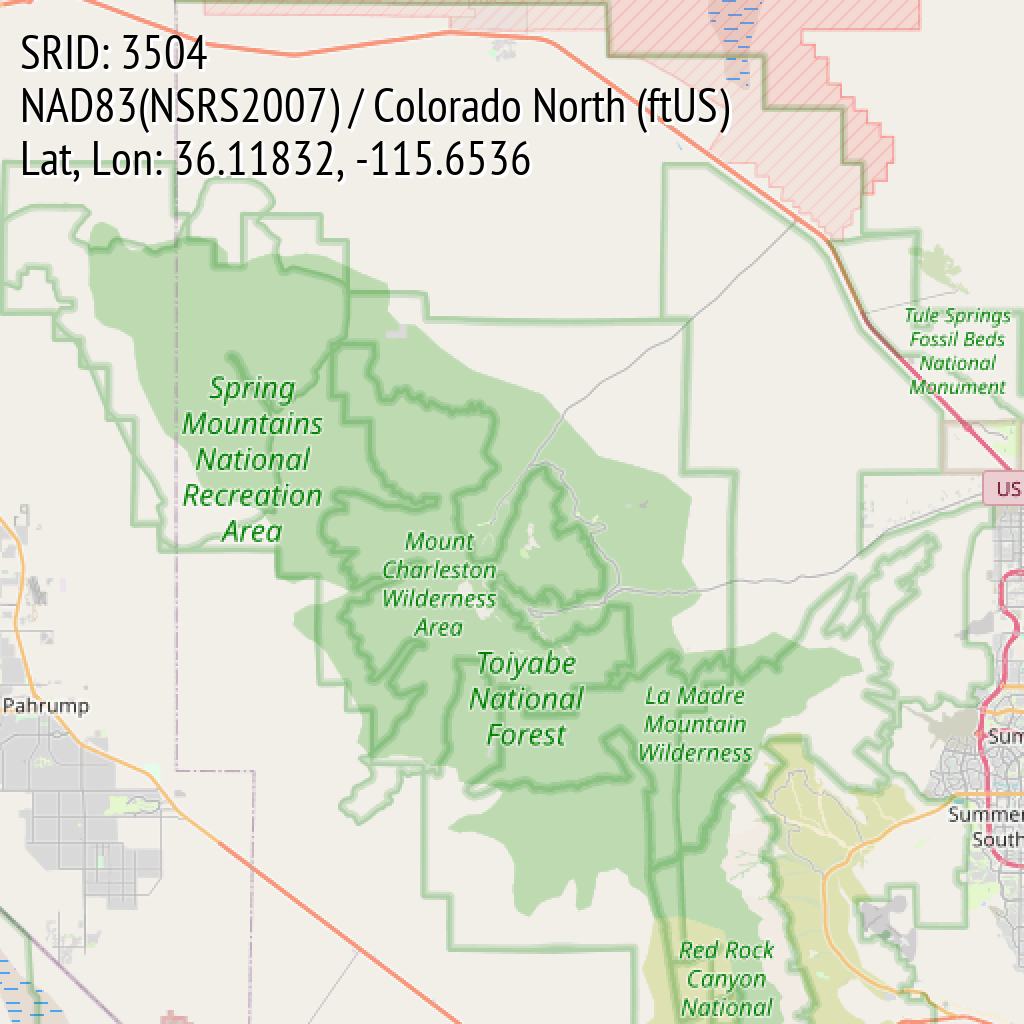 NAD83(NSRS2007) / Colorado North (ftUS) (SRID: 3504, Lat, Lon: 36.11832, -115.6536)