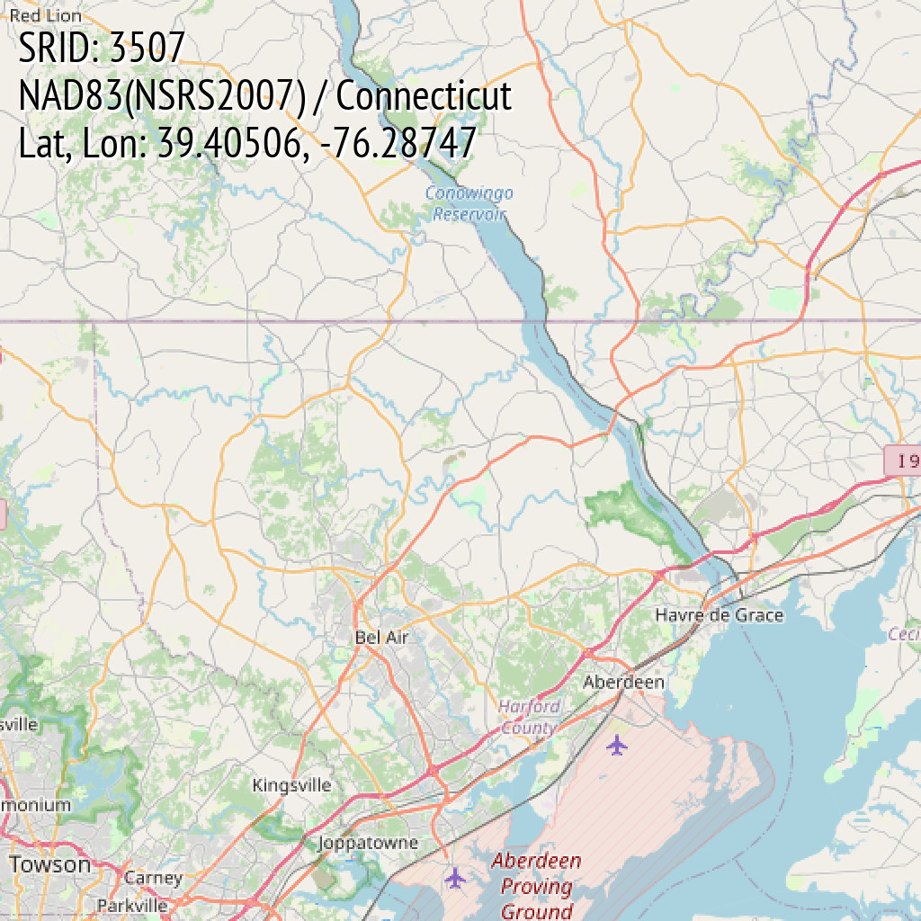 NAD83(NSRS2007) / Connecticut (SRID: 3507, Lat, Lon: 39.40506, -76.28747)